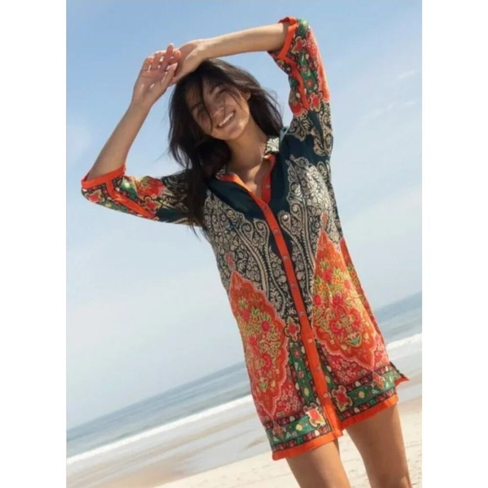 Natural Life Fiona Green Orange Paisley Tunic Mini Dress NWT Medium